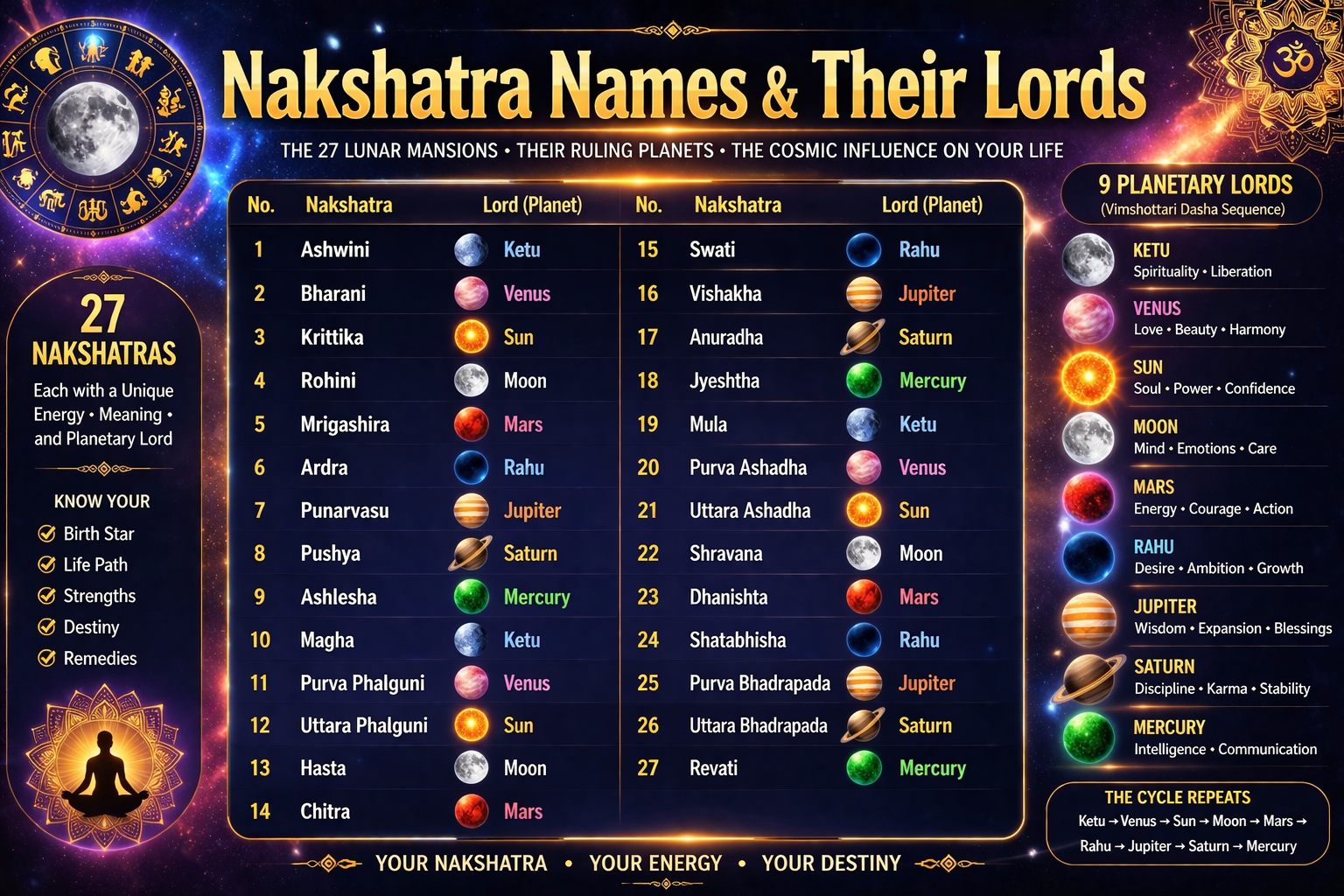 Nakshatra Names & Their Lords